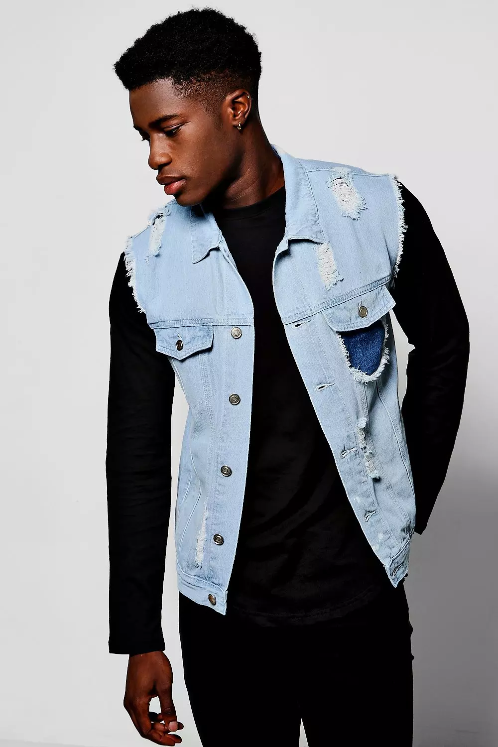 Distressed sleeveless cheap denim jacket